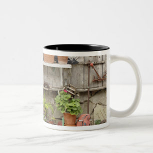 Decoraties op houten hek, Catalina Island, Tweekleurige Koffiemok