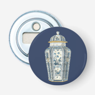 Decoratieve Aziatische Urn in Blauw & Wit Button Flesopener