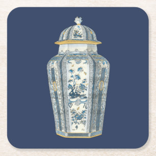 Decoratieve Aziatische Urn in Blauw & Wit Kartonnen Onderzetters