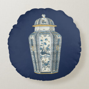 Decoratieve Aziatische Urn in Blauw & Wit Rond Kussen