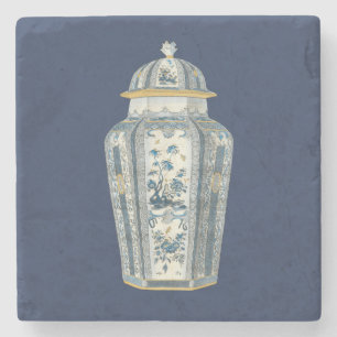 Decoratieve Aziatische Urn in Blauw & Wit Stenen Onderzetter