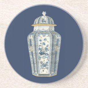 Decoratieve Aziatische Urn in Blauw & Wit Zandsteen Onderzetter