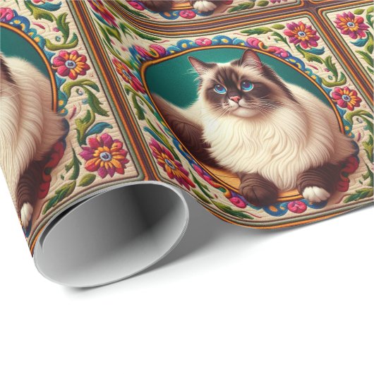 Decoratieve Birman Kat Kleurrijke Bloemen Rand Cadeaupapier (Rol Hoek)