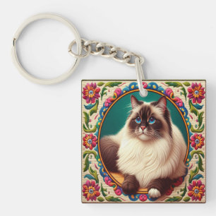 Decoratieve Birman Kat Kleurrijke Bloemen Rand Sleutelhanger