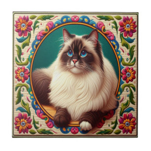 Decoratieve Birman Kat Kleurrijke Bloemen Rand Tegeltje