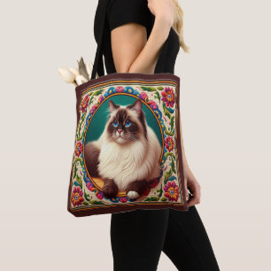 Decoratieve Birman Kat Kleurrijke Bloemen Rand Tote Bag