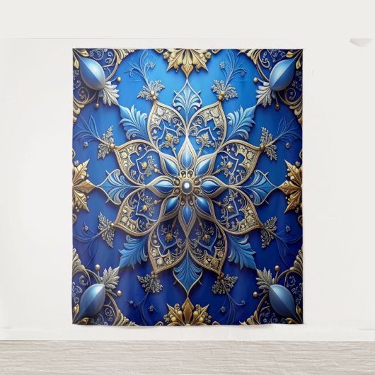 Decoratieve Blauwe Gouden Feest Achtergrond Wandkleed (Voorkant)