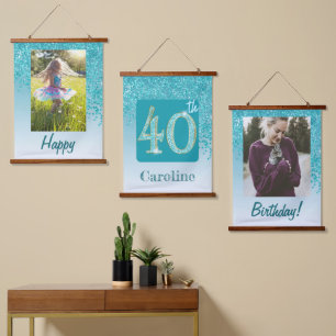Decoratieve Blauwgroen Glitter 2 foto's 40e verjaa Hangend Wandkleed