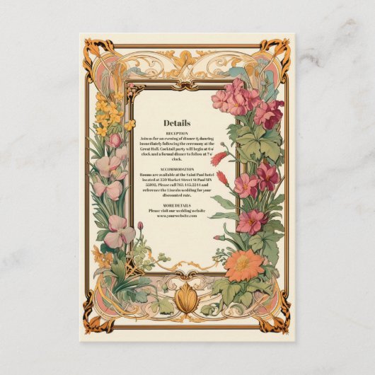 Decoratieve Bloemen Art Nouveau bruiloft Informatiekaartje (Voorkant)