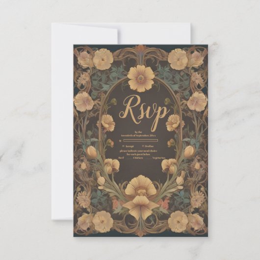 Decoratieve Bloemen Art Nouveau bruiloft RSVP Kaartje (Voorkant)