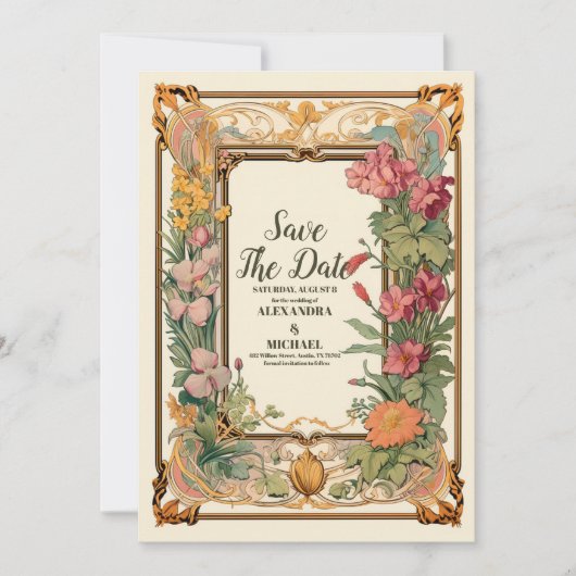 Decoratieve Bloemen Art Nouveau bruiloft Save The Date (Voorkant)
