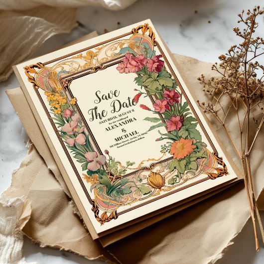 Decoratieve Bloemen Art Nouveau bruiloft Save The Date