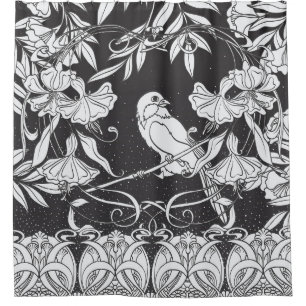Decoratieve Bloemen Bird Nouveau Poster Douchegordijn