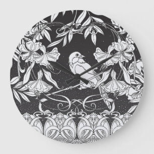 Decoratieve Bloemen Bird Nouveau Poster Grote Klok