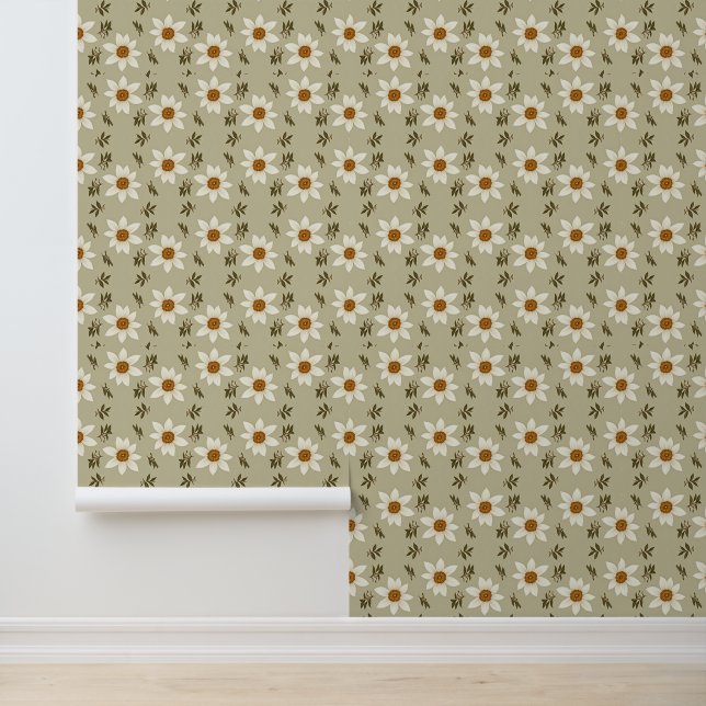 Decoratieve bloemen in wit en beige behang (Applicatie)