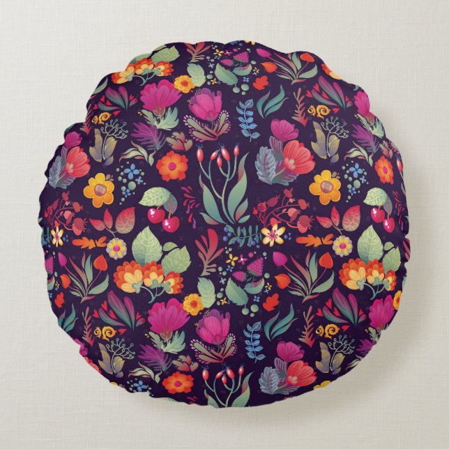 Decoratieve bloemen: Naadloze  Doodle Rond Kussen (Voorkant)