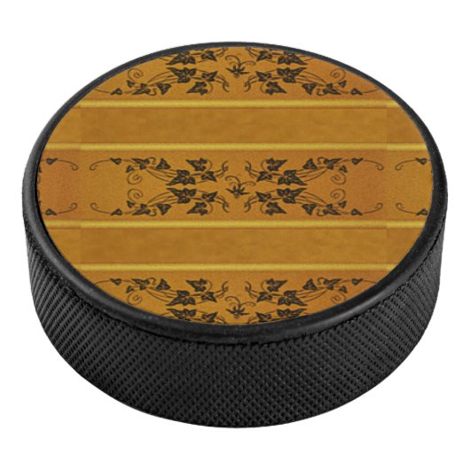 Decoratieve bloemengouden streep rand bruin hockey puck (3/4)