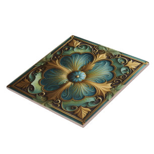 Decoratieve bloemenpaneel met turquoise en goud tegeltje
