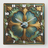 Decoratieve bloemenpaneel met turquoise en goud vierkante klok (Voorkant)