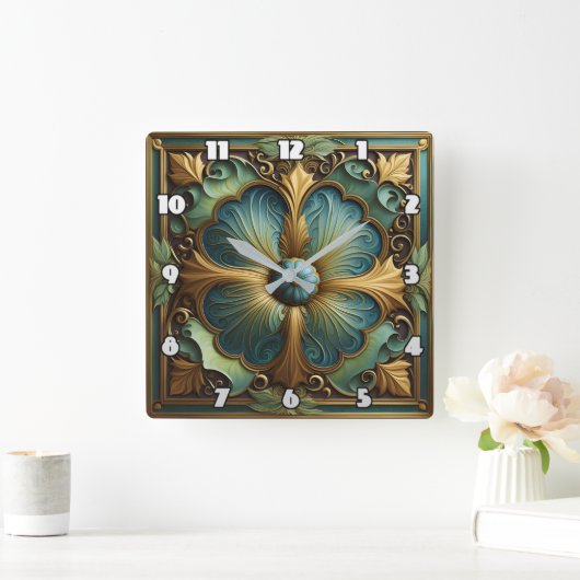 Decoratieve bloemenpaneel met turquoise en goud vierkante klok (Huis)