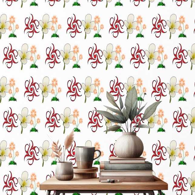 Decoratieve bloemmotieven rood wit perzikpatroon behang (Decorative Floral Motifs Red White Peach Pattern Wallpaper)