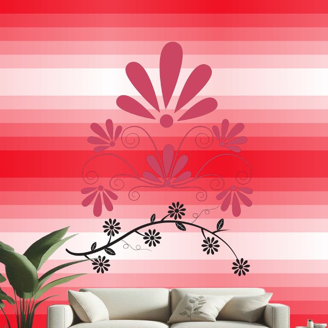 Decoratieve bloemmotieven rood witte strepen paste behang (Decorative Floral Motifs Red White Stripes Pastel Wallpaper)