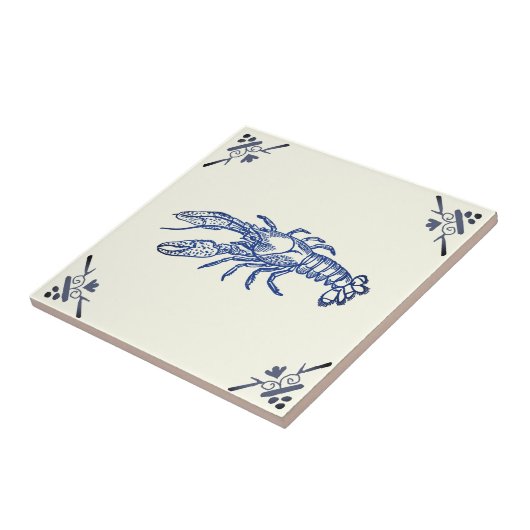 Decoratieve  Blue Lobster op Ivoor Tegeltje (Zijkant)