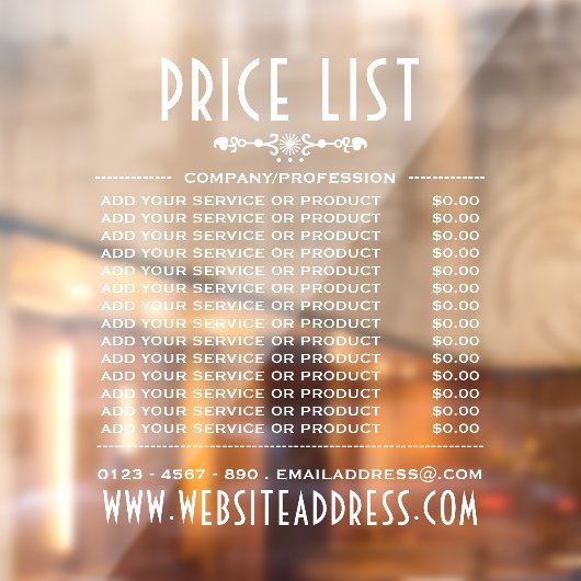 Decoratieve Business Price List en Information Raamsticker (Vel 2)