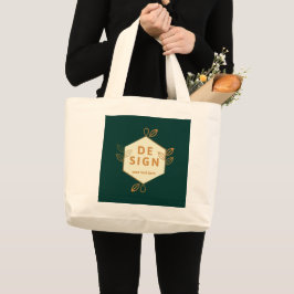 Decoratieve crèmekleurige zeshoek logo op een donk grote tote bag