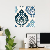 Decoratieve Damask Art I Blues on Cream Poster (Thuiskantoor)