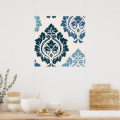 Decoratieve Damask Art I Blues on Cream Poster (Keuken)