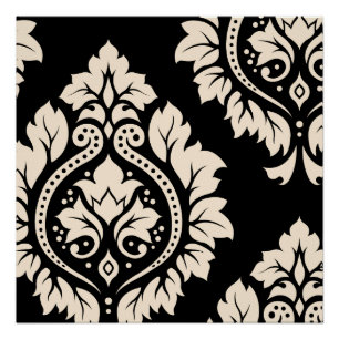 Decoratieve Damask Art I - Cream on Black Poster