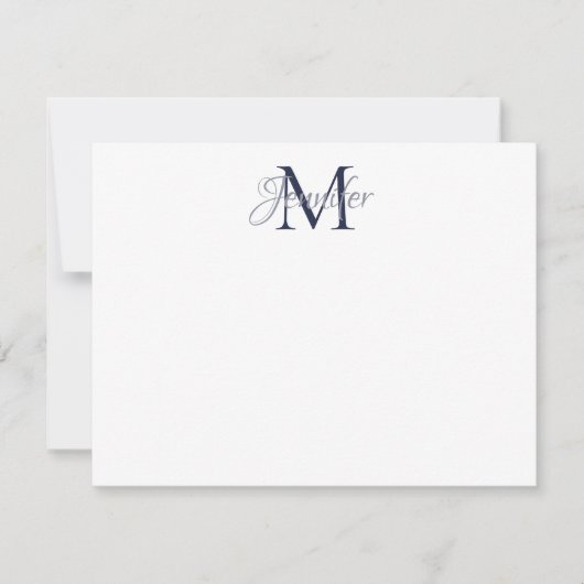 Decoratieve Damask Midnight Blue en Grijs Monogram Notitiekaartje (Voorkant)