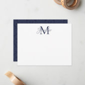 Decoratieve Damask Midnight Blue en Grijs Monogram Notitiekaartje (Voorkant / Achterkant in situ)