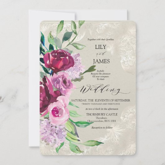 Decoratieve duif grijs met wijn en roze rozen kaart (Voorkant)