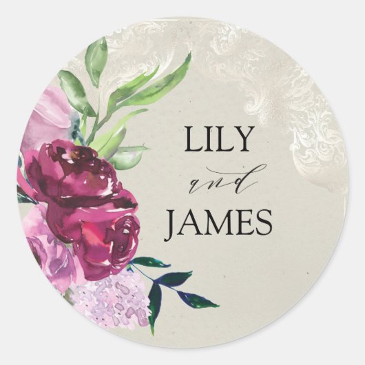 Decoratieve duif grijs, wijn en roze rozen Weddens Ronde Sticker (Voorkant)