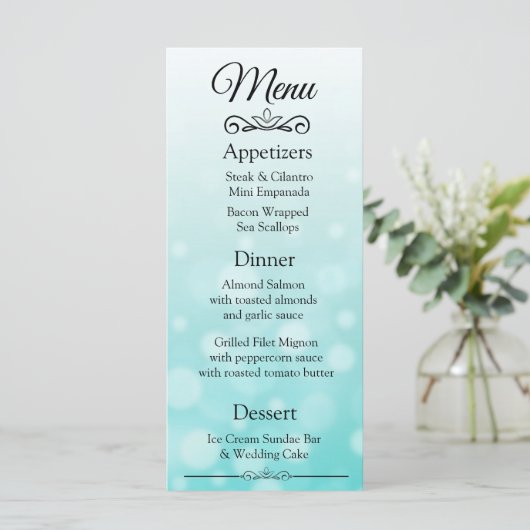 Decoratieve Elegant Blauwgroen Bokeh Wedding Menu (Staand voorkant)