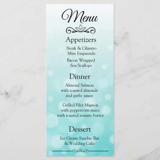 Decoratieve Elegant Blauwgroen Bokeh Wedding Menu  (Voorkant)