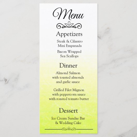 Decoratieve Elegant Yellow Fade Wedding Menu Card (Voorkant)