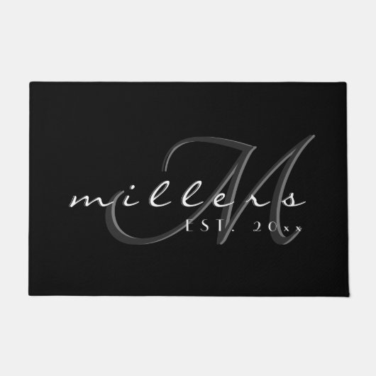 Decoratieve familienaam en monogram | Zwart-wit Deurmat (Voorkant)