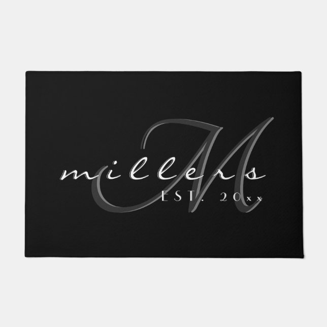 Decoratieve familienaam en monogram | Zwart-wit Deurmat (Voorkant)