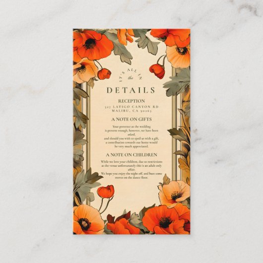 Decoratieve Floral Art Nouveau Poppy Wedding Informatiekaartje (Voorkant)