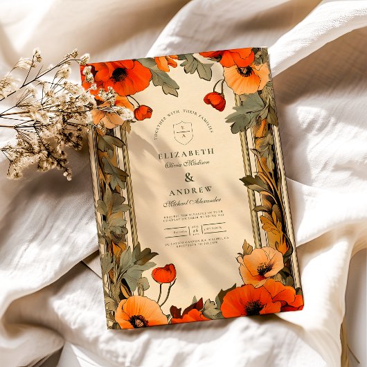 Decoratieve Floral Art Nouveau Poppy Wedding Kaart