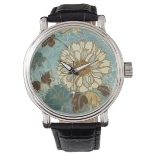 Decoratieve Florals in blauw en wit Horloge