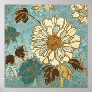 Decoratieve Florals in blauw en wit Poster