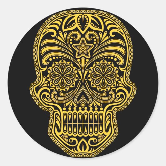 Decoratieve gele en zwarte suikerschedel ronde sticker (Voorkant)