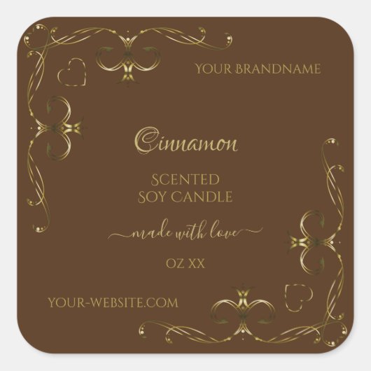 decoratieve gouden schuifhoeken op bruin vierkante sticker (Voorkant)