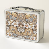 Decoratieve Gouden Witte Bloemen Metalen Lunchbox (Achterkant)