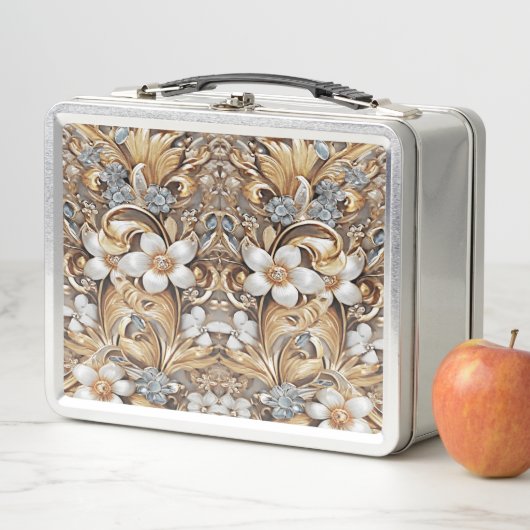 Decoratieve Gouden Witte Bloemen Metalen Lunchbox (In situ)