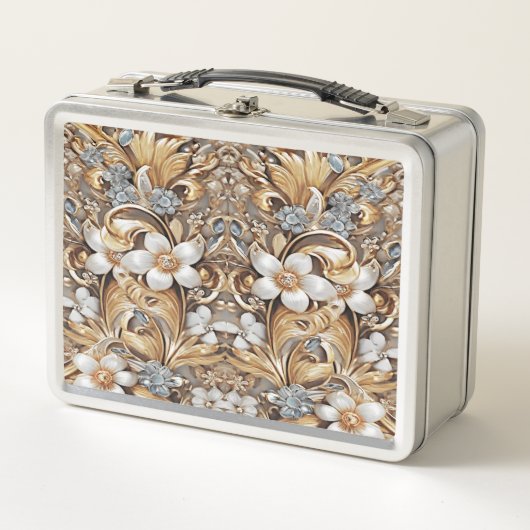 Decoratieve Gouden Witte Bloemen Metalen Lunchbox (Voorkant)